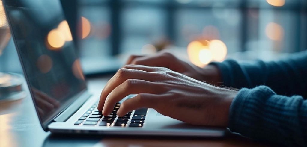 Hands typing on a laptop using broadband connectivity